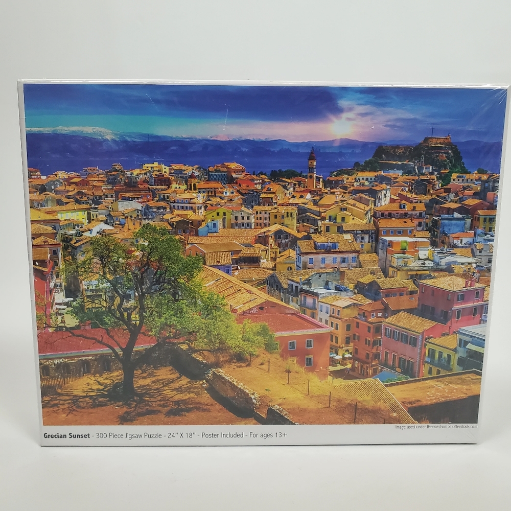 Grecian Sunset Scenery - 300 Large Piece Jigsaw Puzzle 24"x 19" Poster Included.